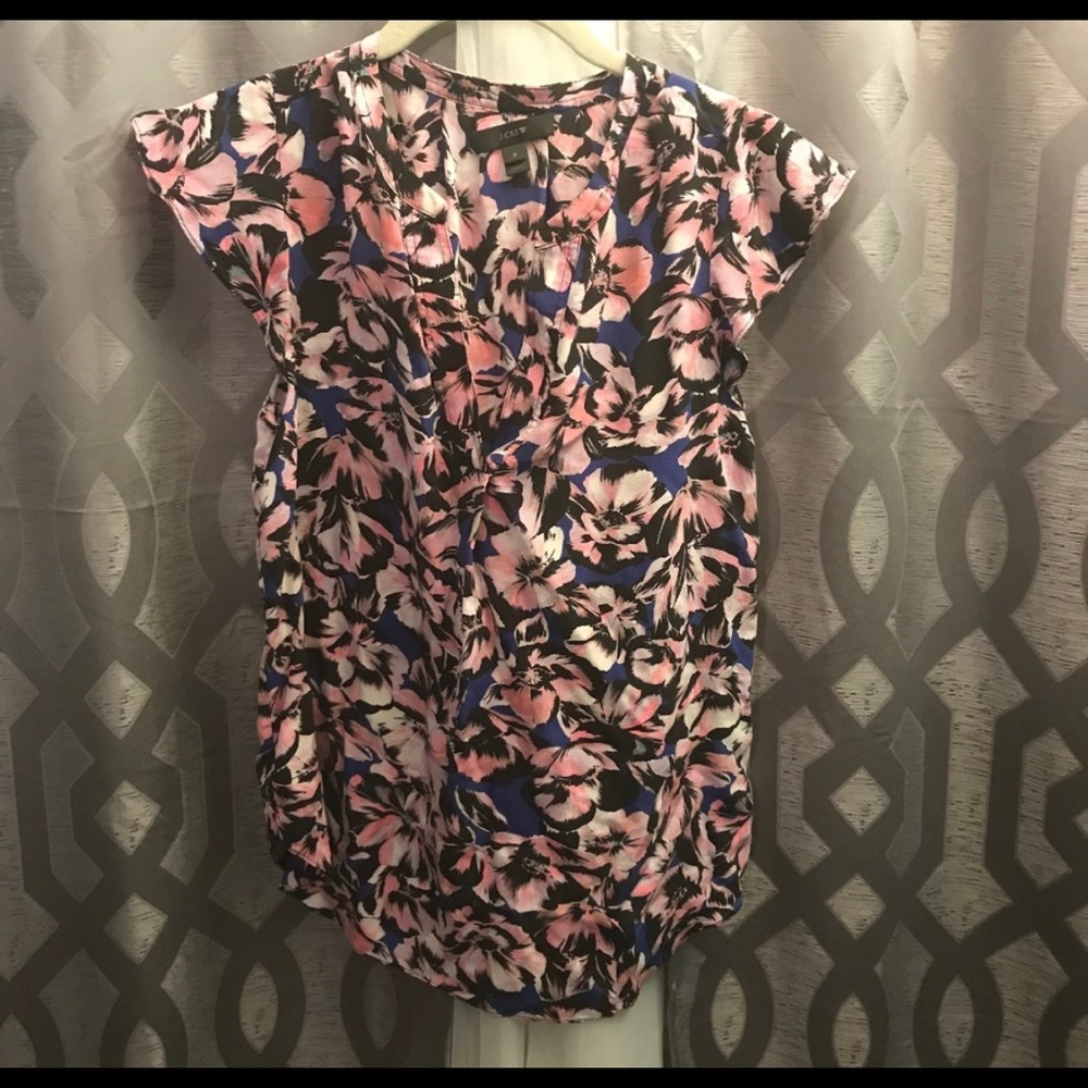 Floral J Crew Top with Cap Sleeves